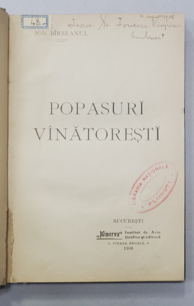 POPASURI VANATORESTI de ION BIRSEANUL , 1906