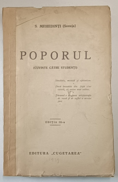 POPORUL (CUVINTE CATRE STUDENTI) de S. MEHEDINTI , EDITIA A TREIA , 1939