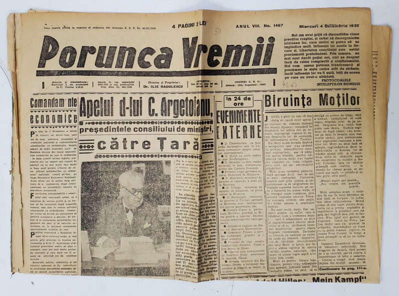 PORUNCA VREMII , ZIAR , No. 1467 ,4 OCTOMBRIE 1939