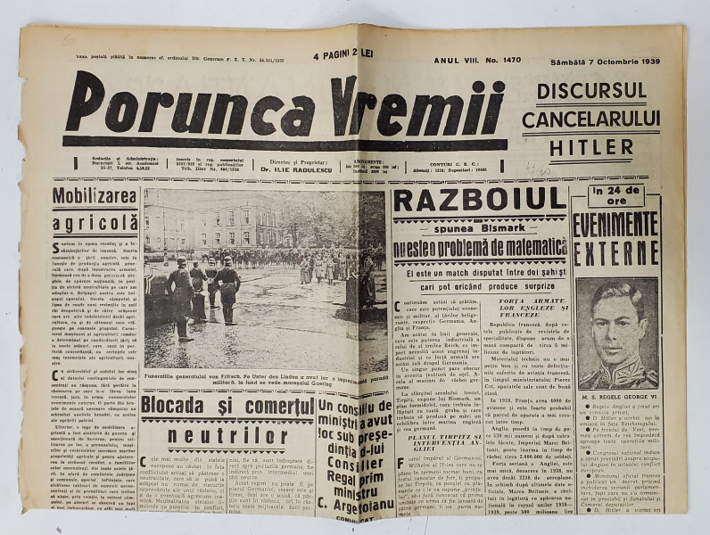 PORUNCA VREMII , ZIAR , No. 1470 , 7 OCTOMBRIE 1939