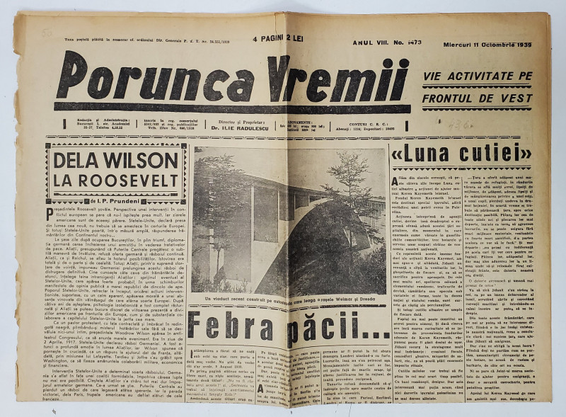 PORUNCA VREMII , ZIAR , No. 1473 , 11 OCTOMBRIE 1939