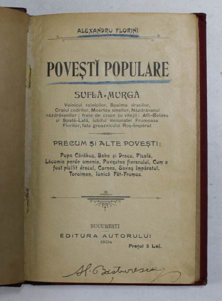 POVESTI POPULARE de ALEXANDRU FLORINI , 1904