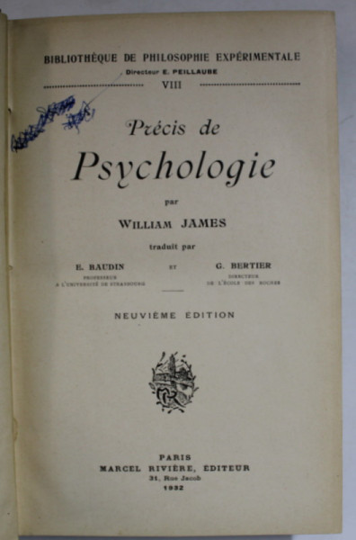 PRECIS DE PSYCHOLOGIE par WILLIAM JAMES , 1932