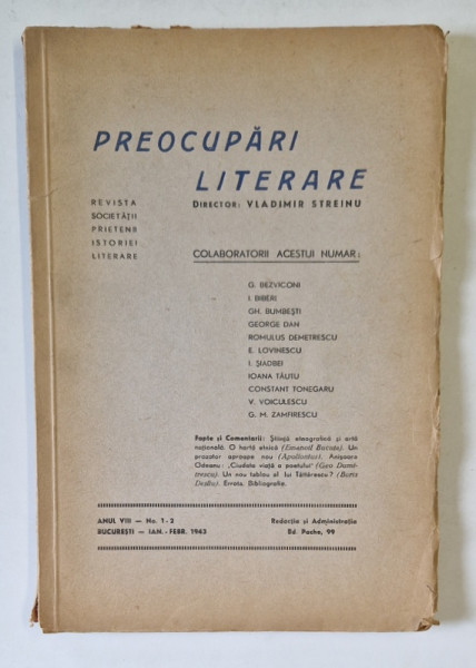 PREOCUPARI LITERARE , ANUL VIII , NUMERELE 1 - 2 , IANUARIE - FEBRUARIE , 1943