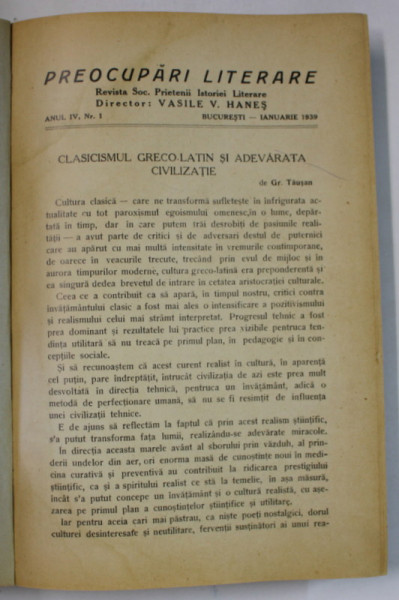 PREOCUPARI LITERARE , REVISTA SOC. PRIETENII ISTORIEI LITERARE , COLEGAT DE 10 NUMERE CONSECUTIVE , APARUTE IN PERIOADA  IANUARIE - DECEMBRIE , 1939