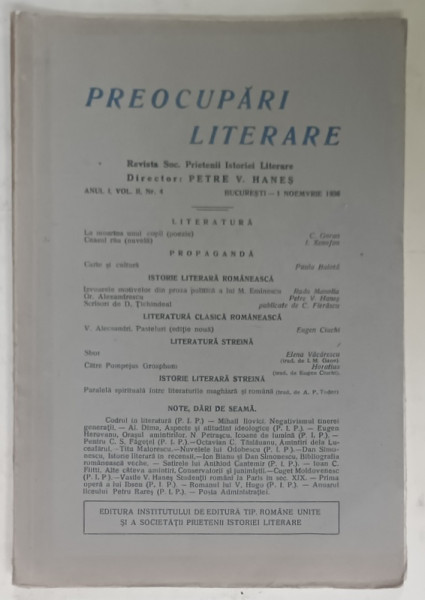 PREOCUPARI LITERARE , REVISTA SOC. PRIETENII ISTORIEI LITERARE , NR. 4 , 1936