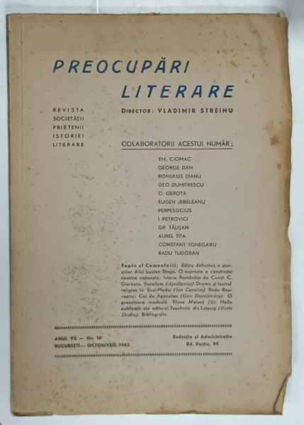 PREOCUPARI LITERARE , REVISTA SOCIETATII PRIETENII ISTORIEI LITERARE , NR. 10 , OCTOMBRIE , 1942