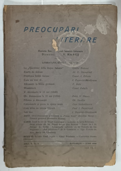 PREOCUPARI LITERARE , REVISTA SOCIETATII PRIETENII ISTORIEI LITERARE , NR. 6 , 1940, COPERTA CU PETE SI URME DE UZURA