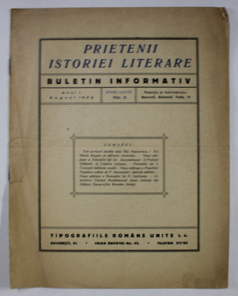 PRIETENII ISTORIEI LITERARE , BULETIN INFORMATIV , ANUL I , NO.2 , 1933