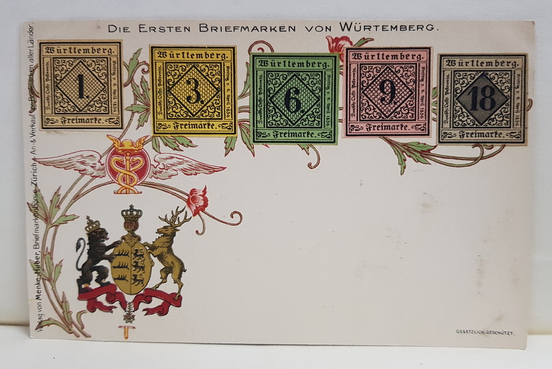 PRIMELE TIMBRE EMISE LA WURTEMBERG , CARTE POSTALA , CROMOLITOGRAFIE , CLASICA