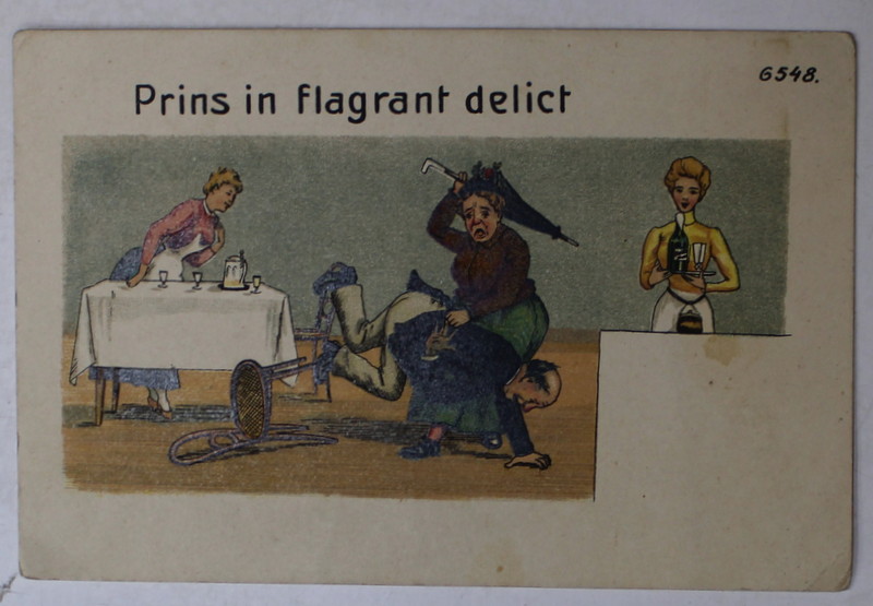 ' PRINS IN FLAGRANT DELICT ' , CARTE POSTALA UMORISTICA , BARBAT BATUT CU UMBRELA DE SOTIE , LA CARCIUMA , CROMOLITOGRAFIE , CARTE POSTALA , INCEPUT DE SEC. XX