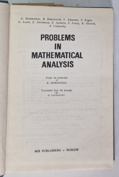 PROBLEMS IN MATHEMATICAL ANALYSIS de B. DEMIDOVICH , 1976