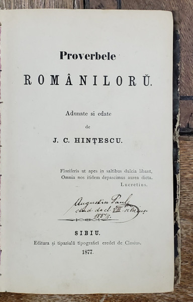 Proverbele Romanilor, adunate de I. C. Hintescu - Sibiu, 1877