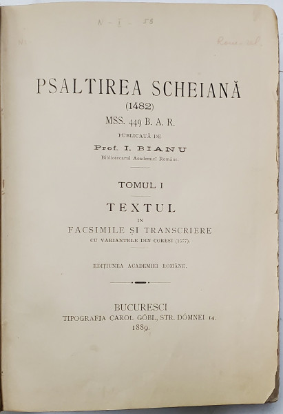 Psaltirea Scheiana (1482) de Ion Bianu, Tom I - Bucuresti, 1889