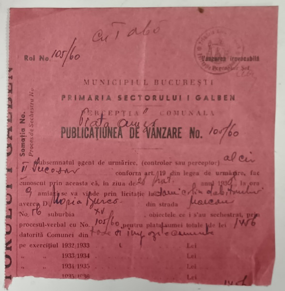 PUBLICATIUNE DE VANZARE , EMISA DE PRIMARIA SECTORULUI I GALBEN , BUCURESTI , 1938