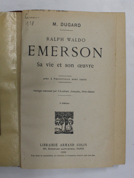 RALPH WALDO EMERSON - SA VIE ET SON OEUVRE par M. DUGARD , 1907