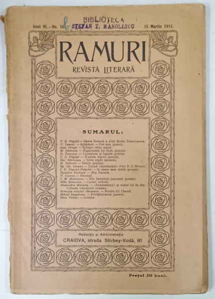 RAMURI , REVISTA LITERARA , ANUL VI , NO. 16 , 1911