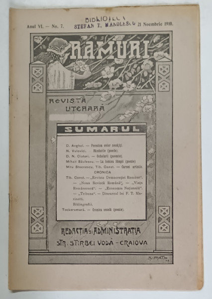 RAMURI , REVISTA LITERARA , ANUL VI , NO. 7 , 21 NOEMBRIE , 1910