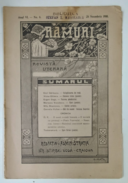 RAMURI , REVISTA LITERARA , ANUL VI , NO. 8 , 1910