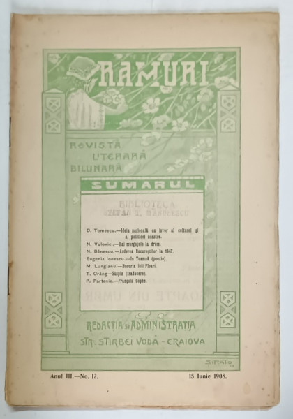 RAMURI , REVISTA LITERARA BILUNARA , ANUL III , NO. 12 , 15 IUNIE , 1908