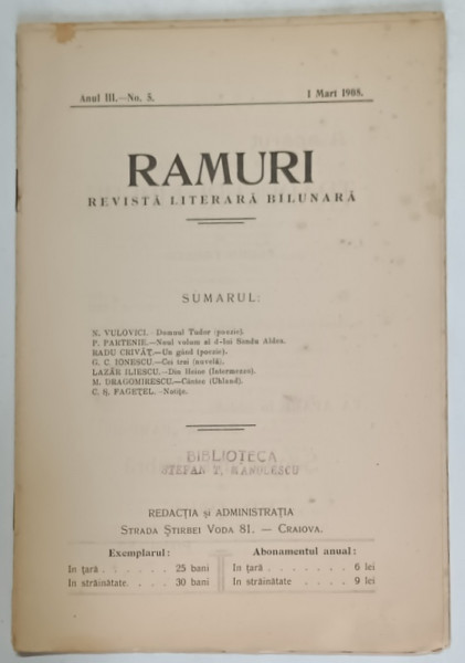 RAMURI , REVISTA LITERARA BILUNARA , ANUL III , NO. 5 . 1 MART. , 1908