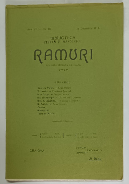 RAMURI , REVISTA LITERARA BILUNARA , ANUL VII , NO. 20 , 15 DECEMBRIE , 1912