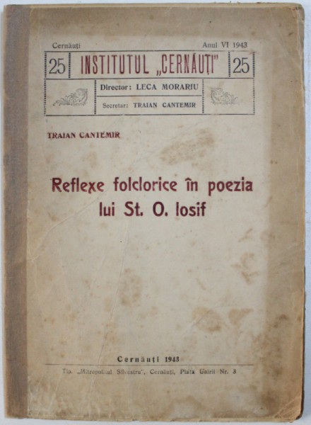 REFLEXE FOLCLORICE IN POEZIA LUI ST. O. IOSIF de TRAIAN CANTEMIR , 1943