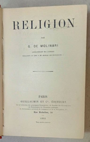 RELIGION par G. DE MOLINARI , 1892