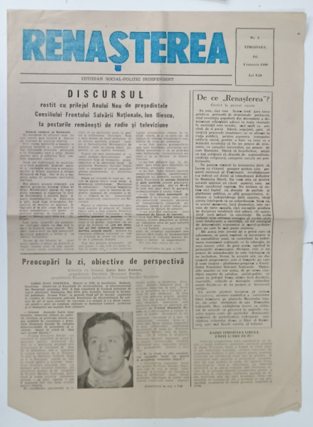 RENASTEREA , COTIDIAN SOCIAL - POLITIC INDEPENDENT , TIMISOARA , ANUL I , NR. 1 , 4 IANUARIE 1990