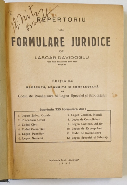 REPERTORIU DE FORMULARE JURIDICE de LASCAR DAVIDOGLU  EDITIA A 2-A  1942