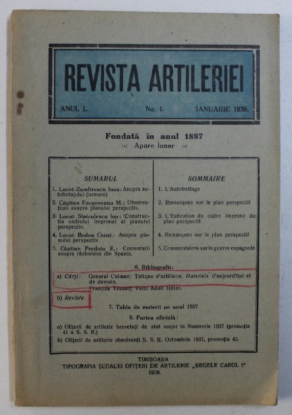 REVISTA ARTILERIEI , ANUL I , No. 1 , IANUARIE , 1938