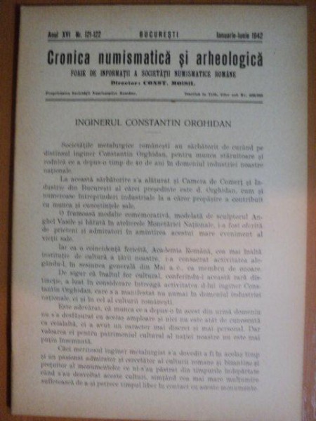 REVISTA CRONICA NUMISMATICA SI ARHEOLOGICA , ANUL XVI , NR. 121 - 122  ,  IANUARIE - IUNIE  1942 , Bucuresti 1942