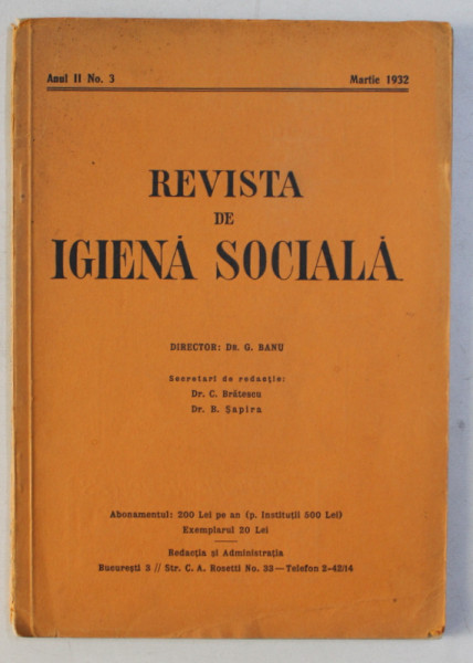REVISTA DE IGIENA SOCIALA , ANUL II , NO . 3 , MARTIE , 1932