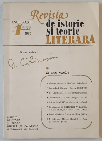 REVISTA DE ISTORIE SI TEORIE LITERARA , NR. 4 , 1984