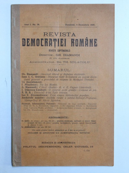 REVISTA DEMOCRATIEI ROMANE , ANUL I , NO. 39  - DUMINICA , 5 DECEMBRIE , 1910