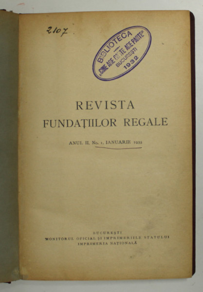 REVISTA FUNDATIILOR REGALE , ANUL II  , NR. 1 , IANUARIE 1935