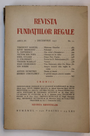 REVISTA FUNDATIILOR REGALE , ANUL IV , NR. 12 ,1 DECEMBRIE ,  1937