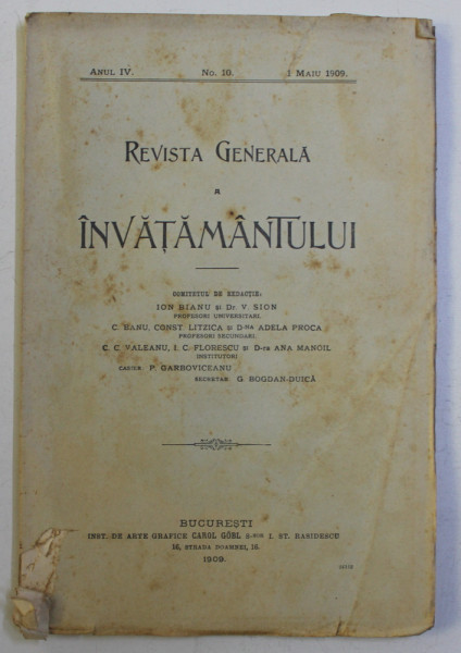 REVISTA GENERALA A INVATAMANTULUI ,  ANUL IV , NO. 10 , 1 MAIU  1909