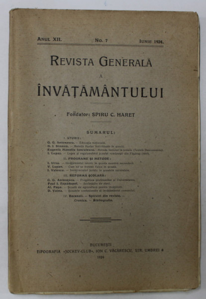 REVISTA GENERALA A INVATAMANTULUI , ANUL XII ,NO. 7 , IUNIE  , 1924
