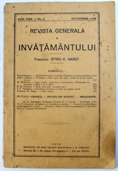 REVISTA GENERALA A INVATAMANTULUI , ANUL XVIII - NO. 8 , OCTOMBRIE , 1930