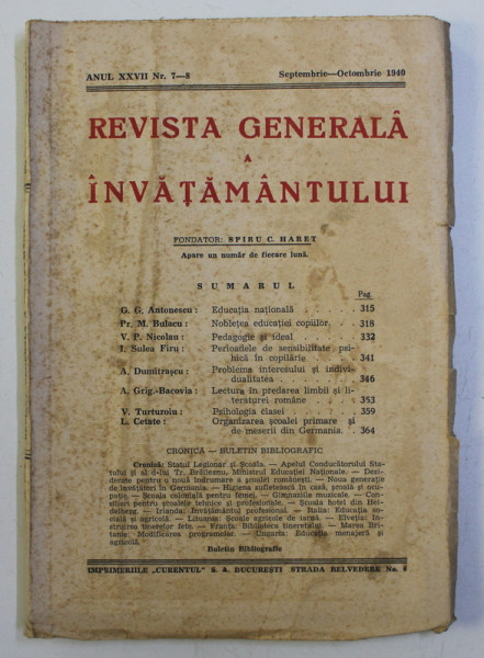 REVISTA GENERALA A INVATAMANTULUI ,  ANUL XXVII  , NO. 7-8 , SEPTEMBRIE - OCTOMBRIE  ,  1940