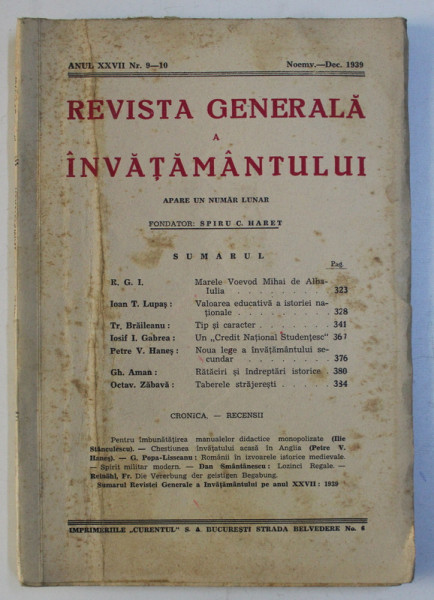 REVISTA GENERALA A INVATAMANTULUI , ANUL XXVII , NR. 9 - 10 , NOEMV . - DEC . , 1939