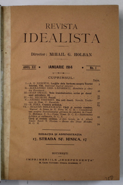 REVISTA IDEALISTA , ANUL XII COMPLET  , COLEGAT DE 11 NUMERE CONSECUTIVE , CONTINE NECROLOGUL M.S. REGELE CAROL I , IAN. - DEC. 1914