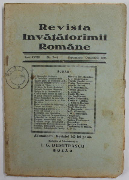 REVISTA INVATATORIMII ROMANE , ANUL XXVIII , NR. 7 - 8 , SEPTEMEBRIE - OCTOMBRIE , 1928