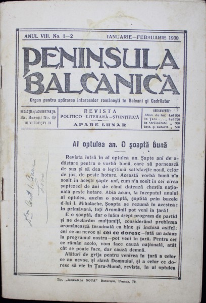 Revista lunara "PENINSULA BALCANICA " ANUL VIII, No 1-2 - 1930