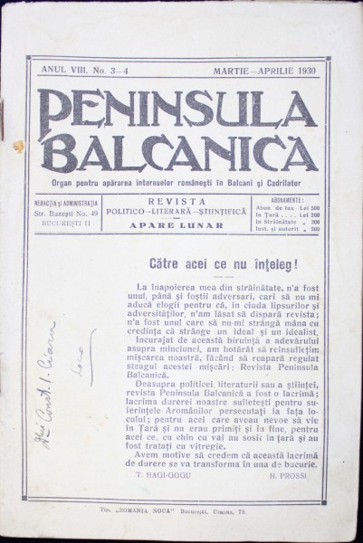 Revista lunara "PENINSULA BALCANICA " ANUL VIII, No 3-4 - 1930