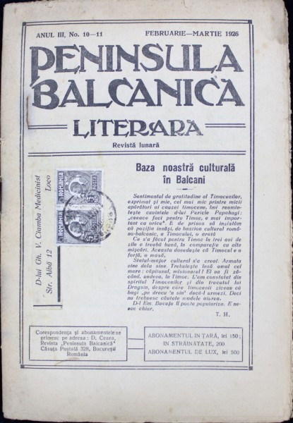 Revista lunara "PENINSULA BALCANICA LITERARA" ANUL III, No 10-11 - 1926