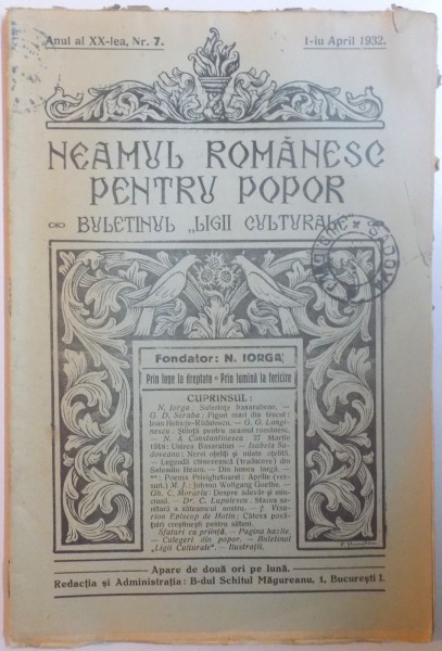 REVISTA ''NEAMUL ROMANESC PENTRU POPOR'', ANUL AL XX-LEA, NR. 7, 1 APRILIE 1932