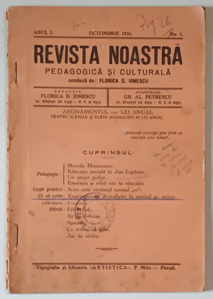 REVISTA NOASTRA PEDAGOGICA SI CULTURALA , ANUL I , OCTOMBRIE 1931