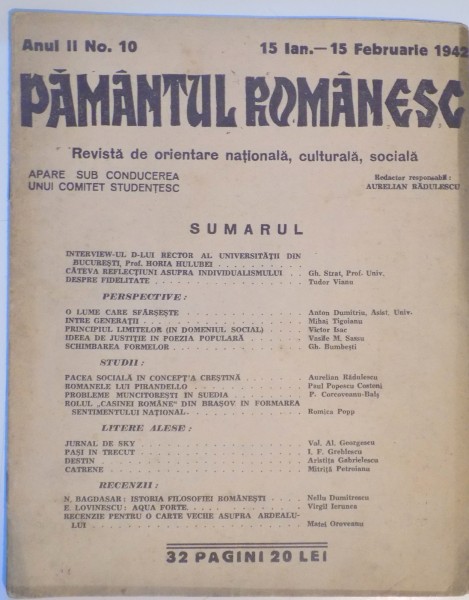 REVISTA PAMANTUL ROMANESC, ANUL II, NR. 10, 15 IAN - 15 FEBRUARIE 1942